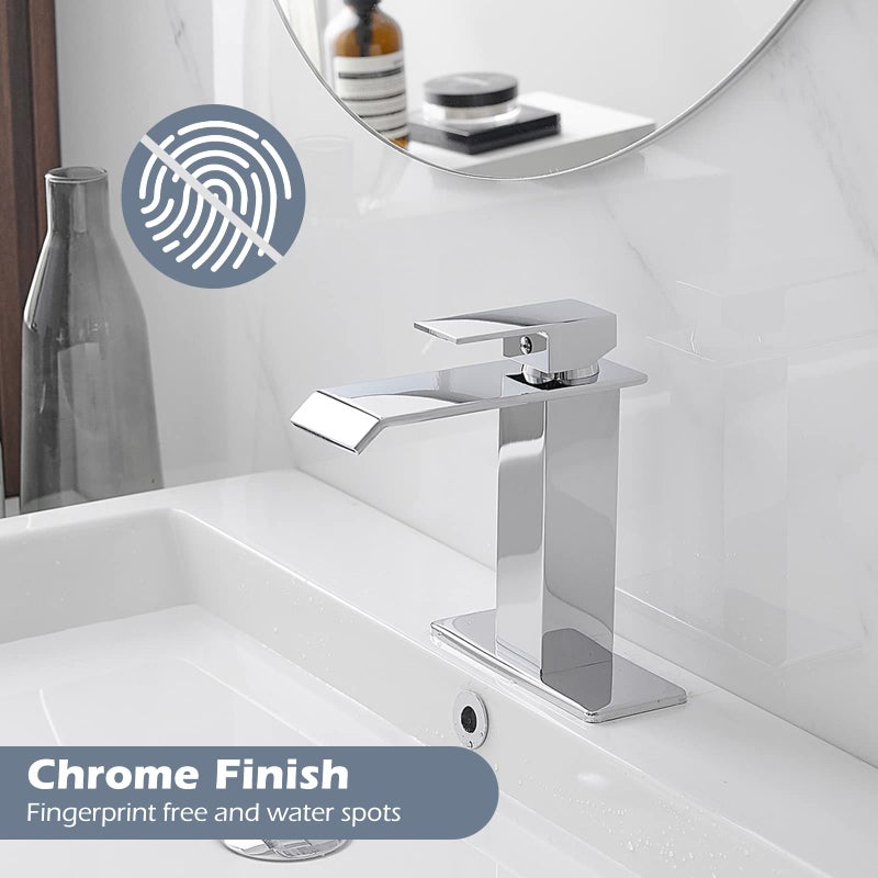 BWE Bathroom Faucet Chrome Modern Waterfall with Pop Up Drain for Sink 1 Single Hole Bathroom Sink Faucet Parts Spout Bath Lavatory Vanity Stopper Overflow and Supply Hose Single Handle Square - Image 4